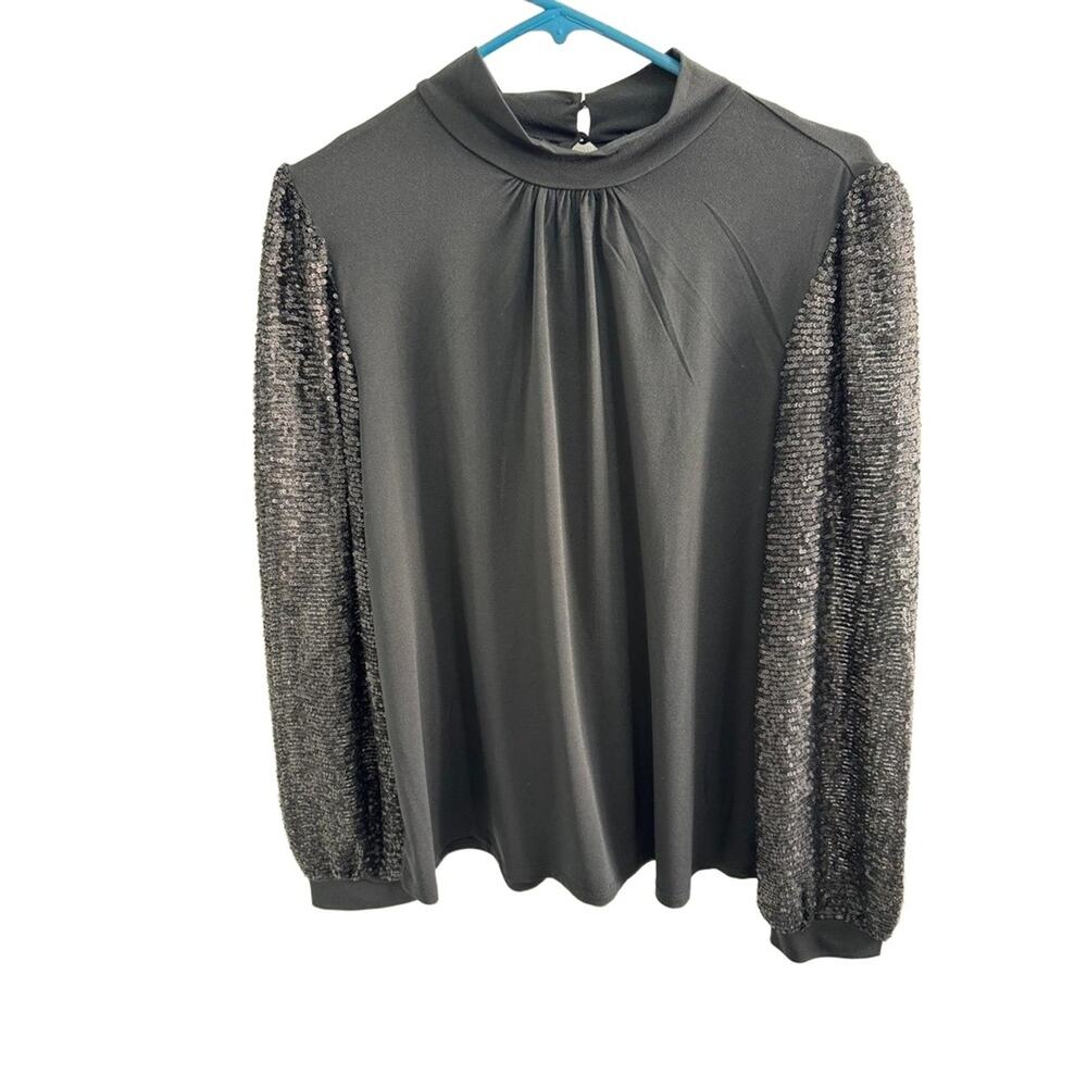 Cable & Gauge Black Mock Neck Top with Sequin Balloon Sleeves XL NWT‎ - Picture 2 of 12